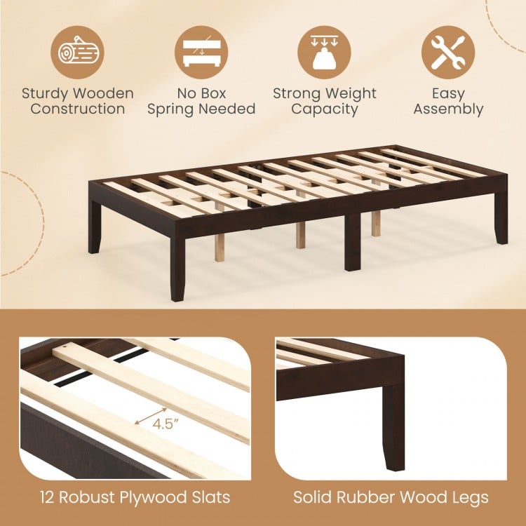 14-inch twin wood platform bed frame in espresso with sturdy wooden slats and solid rubber wood legs for strong support.