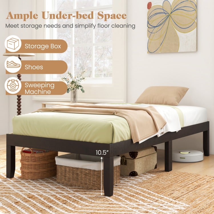 14-inch twin wood platform bed frame in espresso with ample under-bed space for storage boxes and easy floor cleaning.