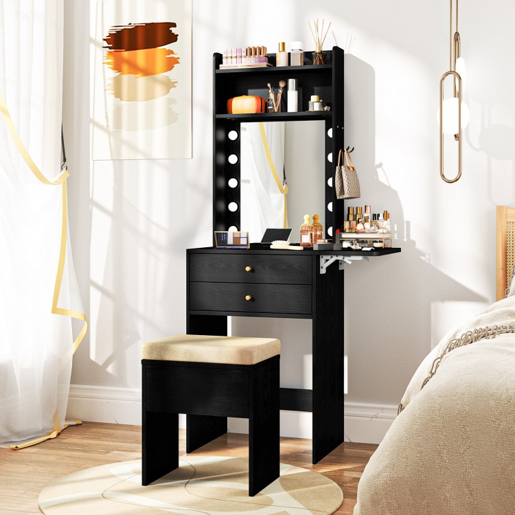 Compact black vanity desk set featuring a lighted mirror, storage shelves, and a soft stool for comfortable makeup.