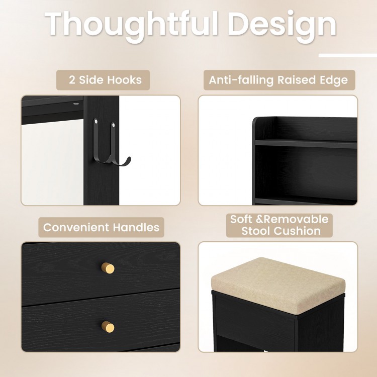 Compact vanity desk set features a lighted mirror, storage shelves, and a soft stool cushion for comfortable makeup.
