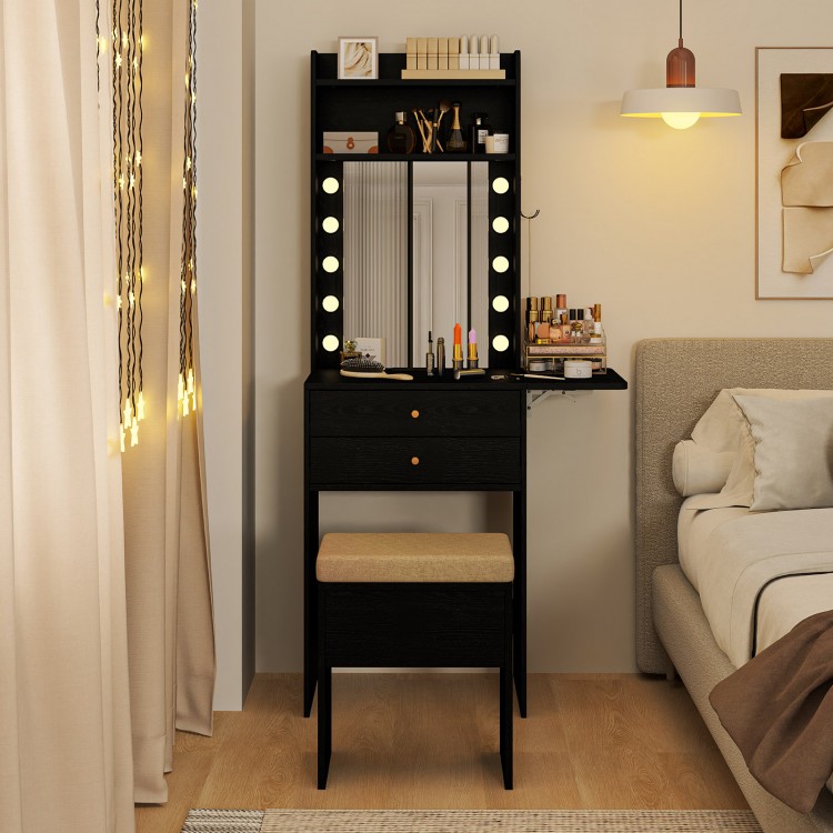 Compact vanity desk set in black with a lighted mirror, storage drawers, and a soft stool for makeup application.