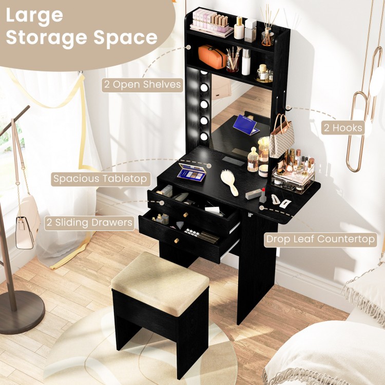 Compact black vanity desk set featuring a lighted mirror, two drawers, and spacious storage for makeup essentials.