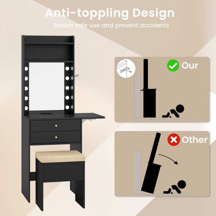 Compact vanity desk set in black with lighted mirror, anti-toppling design, and foldable countertop for space-saving.