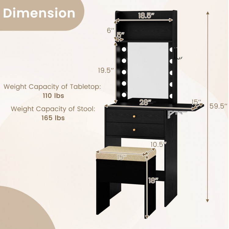 Compact vanity desk set with lighted mirror, power outlets, and dimensions for optimal space-saving and storage.
