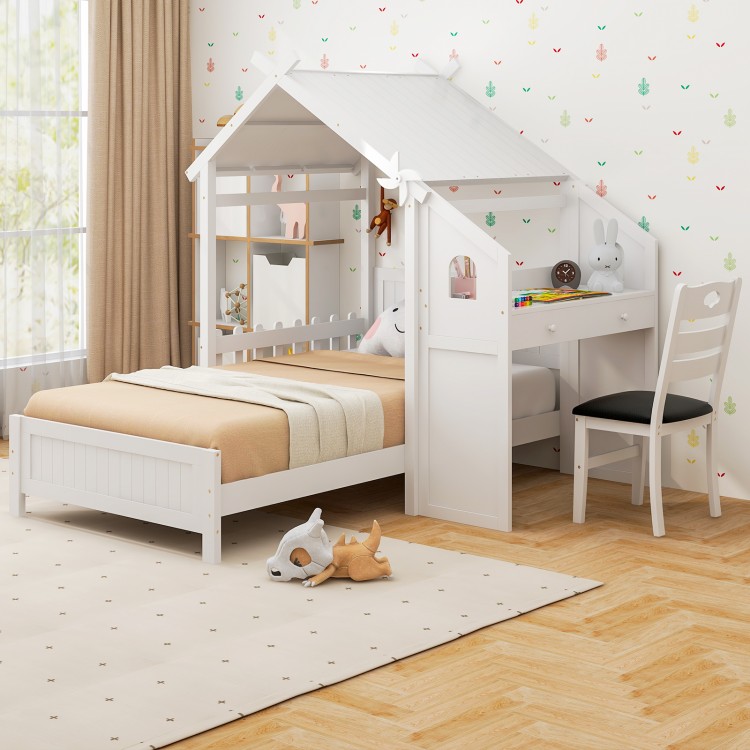 Twin house bed in white with study area, two storage drawers, and a decorative windmill for children's rooms.