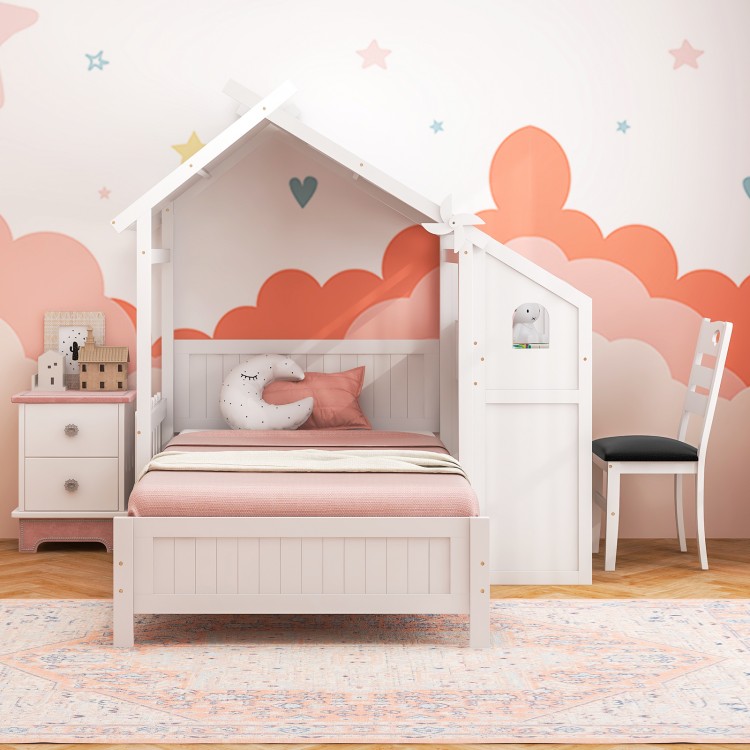 Twin house bed in white with two storage drawers, featuring a decorative windmill, ideal for children's sleep and study.