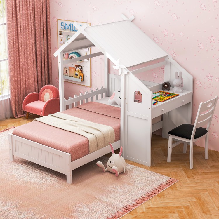 Twin house bed in white with study desk, two drawers, and windmill design, perfect for sleeping and studying.