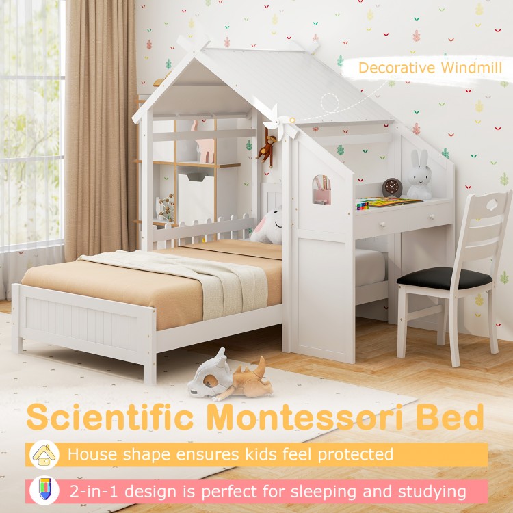 Twin house bed with windmill design, featuring dual storage drawers and ergonomic study chair for kids' comfort and.