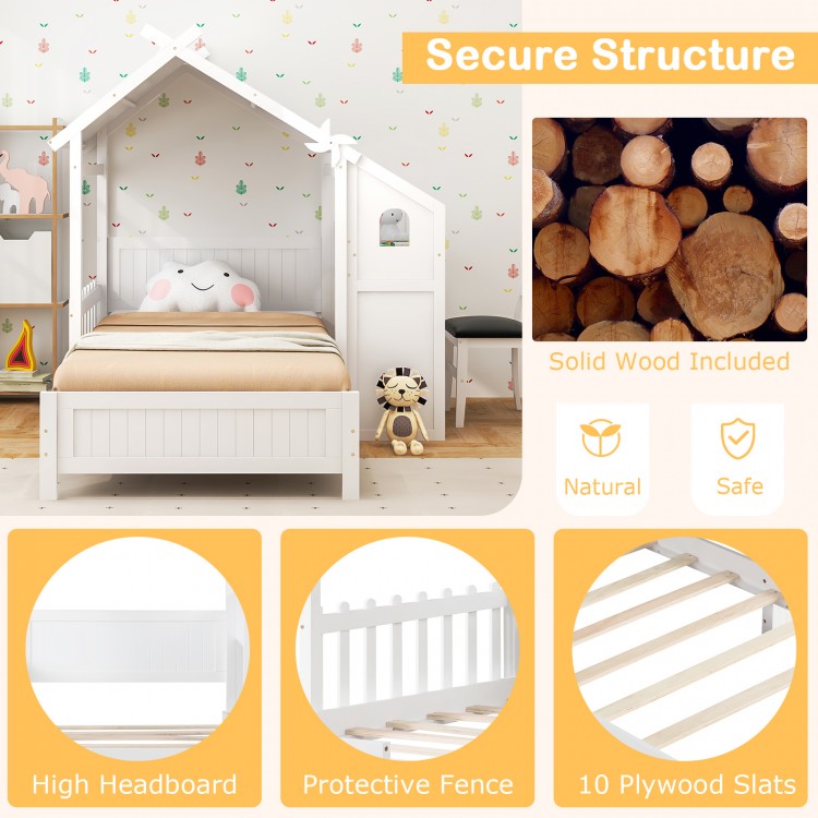 Twin house bed in white with high headboard, protective fence, and dual storage drawers for children's safety and.