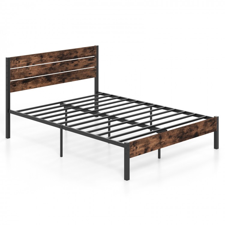 Queen size bed frame with high headboard, metal slats, and industrial design for stylish bedroom decor and stability.