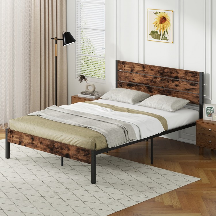 Queen size bed frame with high slatted headboard, metal slats, and under-bed clearance for storage, featuring an.