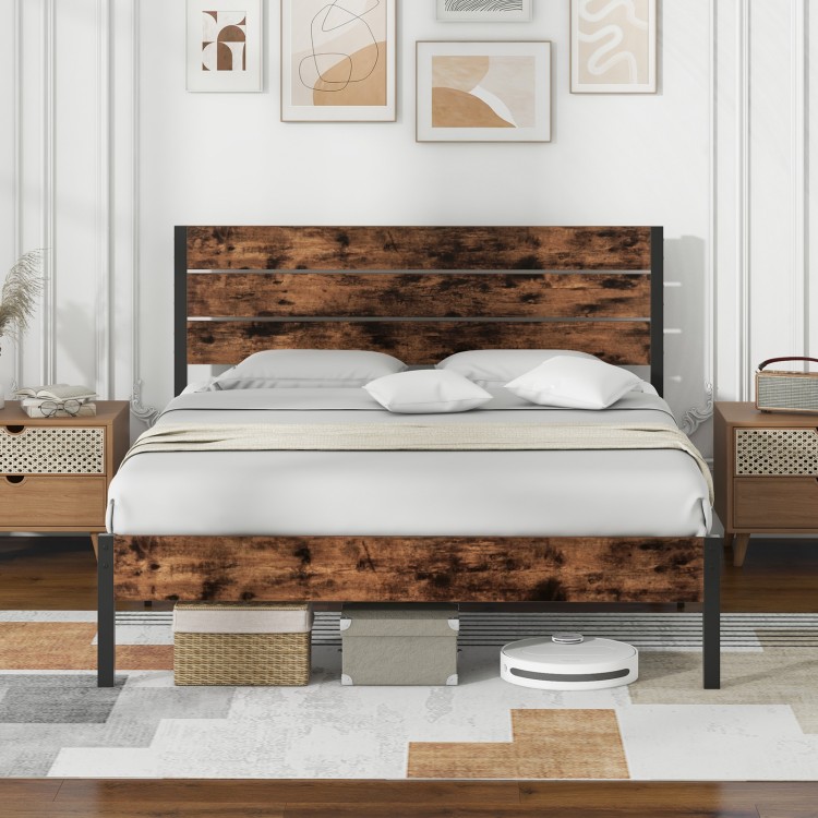 Queen size bed frame with slatted headboard, metal slats, and under-bed storage for a stylish bedroom upgrade.