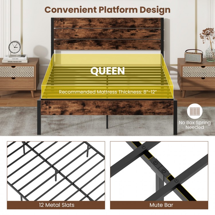 Queen size bed frame featuring a high headboard, 12 metal slats, and a mute bar for a peaceful sleep experience.