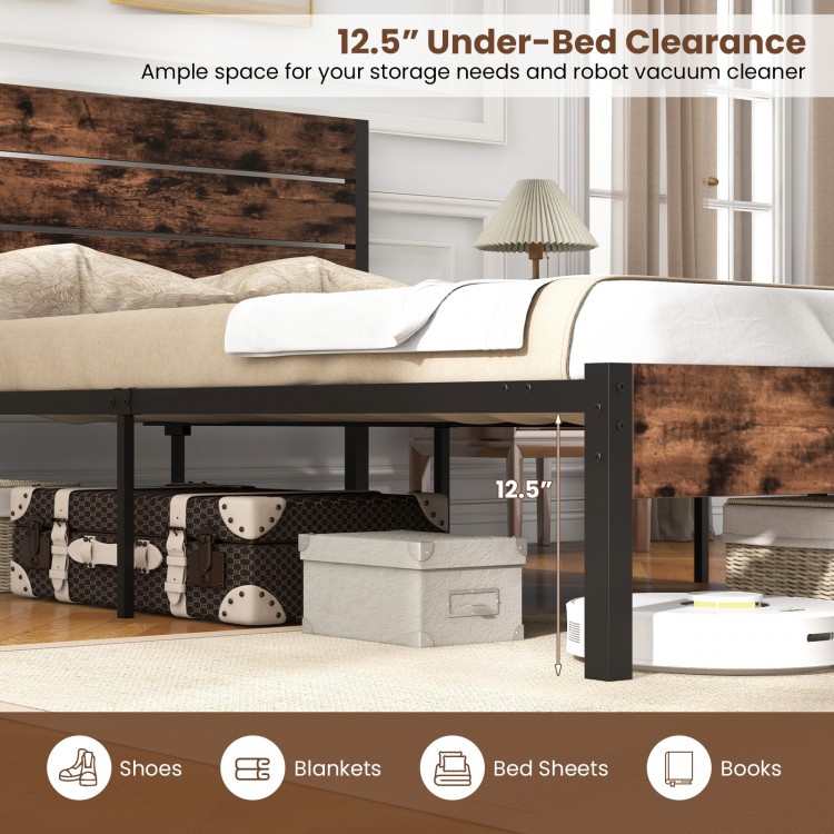 Queen size bed frame featuring 12.5" under-bed clearance for storage, with a slatted headboard and metal slats for.