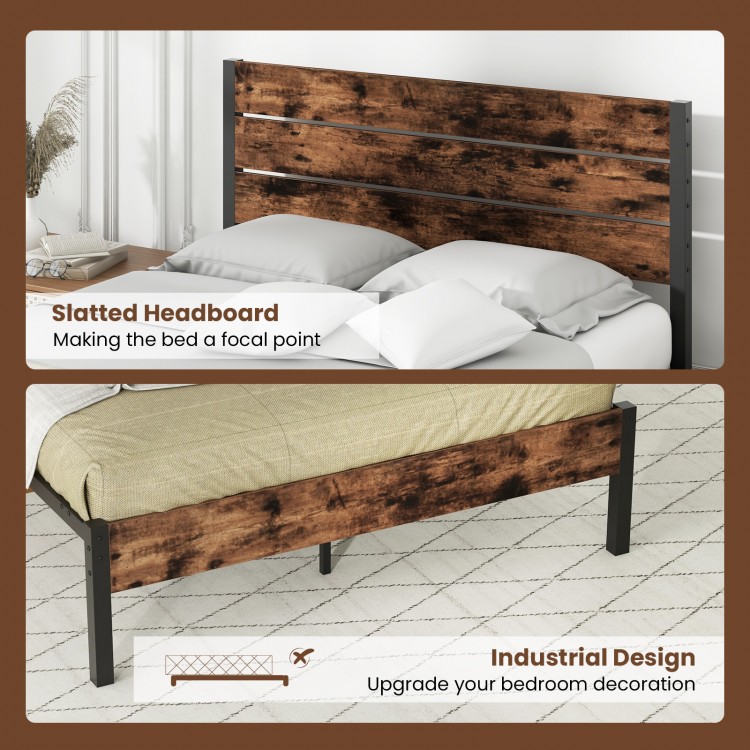Slatted headboard bed frame in industrial design with metal slats and under-bed storage for a stylish bedroom upgrade.