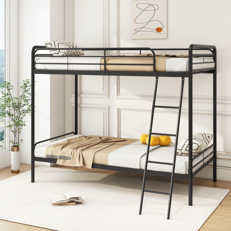 Twin metal bunk bed in black with integrated headboard, featuring a sturdy design and ample under-bed storage space.