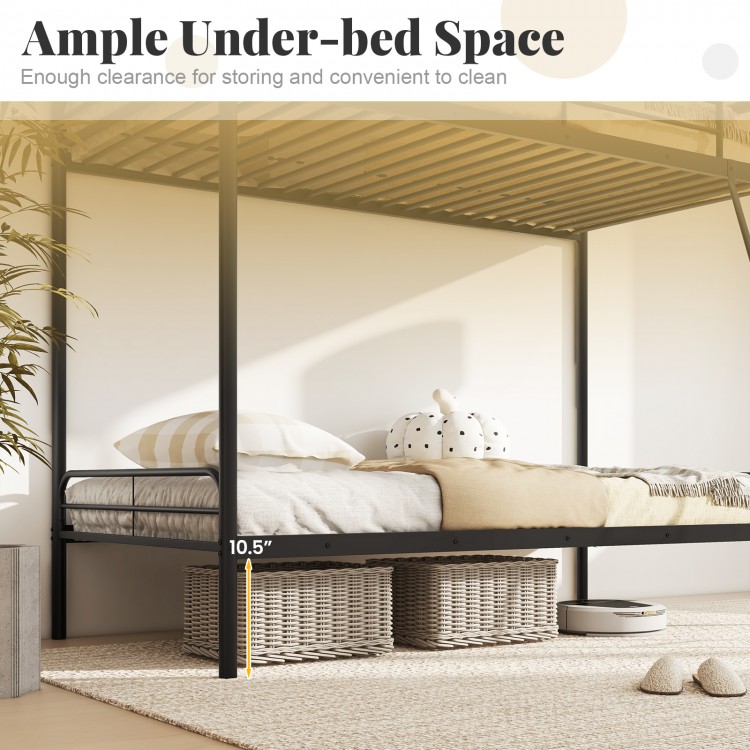 Heavy-duty black metal bunk bed with ample under-bed space for storage and easy cleaning, featuring safety guardrails.