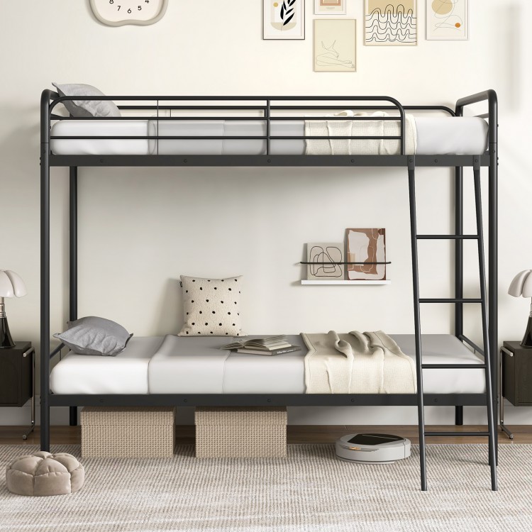 Black heavy-duty metal bunk bed with ladder and safety guardrails, designed for twin size, ideal for kids' rooms or.