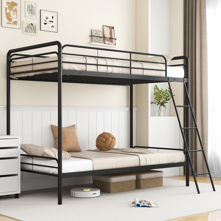 Black heavy-duty metal bunk bed with ladder and safety guardrails, designed for twin-size sleeping and space-saving.