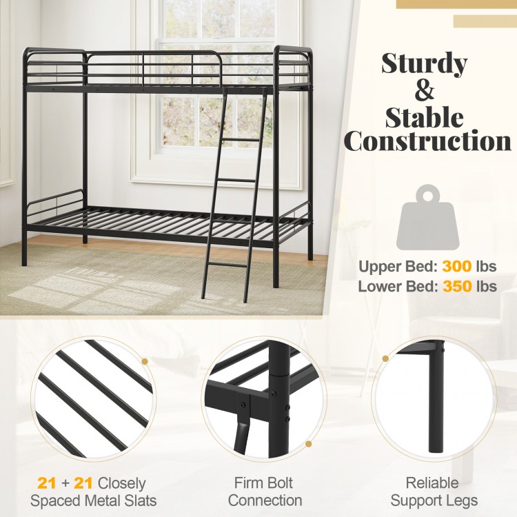 Heavy-duty metal bunk bed in black with ladder, safety guardrails, and sturdy construction for twin-size sleeping.