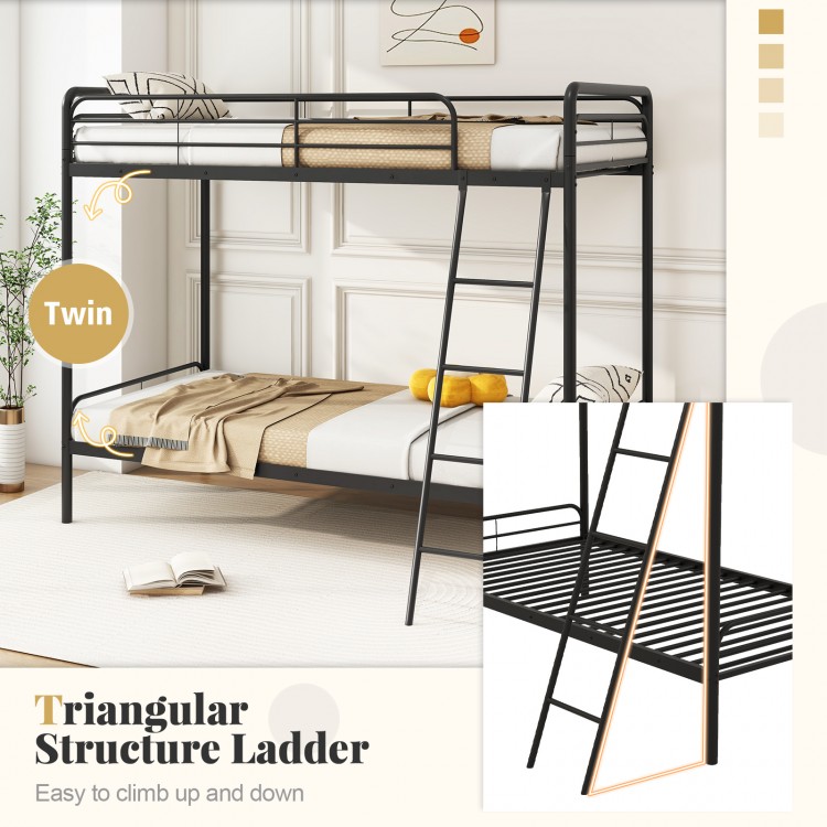 Twin metal bunk bed in black with triangular ladder and safety guardrails, ideal for kids' rooms or dorms.