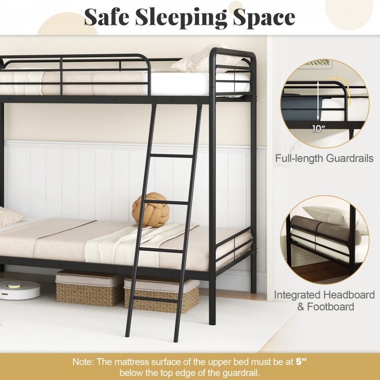 Heavy-duty black metal bunk bed with ladder, full-length guardrails, and integrated headboard for safe sleeping space.