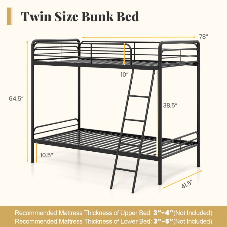 Twin size heavy-duty metal bunk bed in black with ladder and safety guardrails, ideal for kids' rooms or dorms.