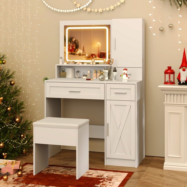 Makeup vanity desk set in white with mirror, adjustable LED lights, and storage cabinets, perfect for organized beauty.