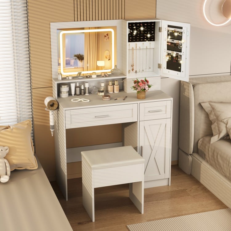 Makeup vanity desk in white with adjustable LED mirror, storage drawers, and matching stool for organized beauty.