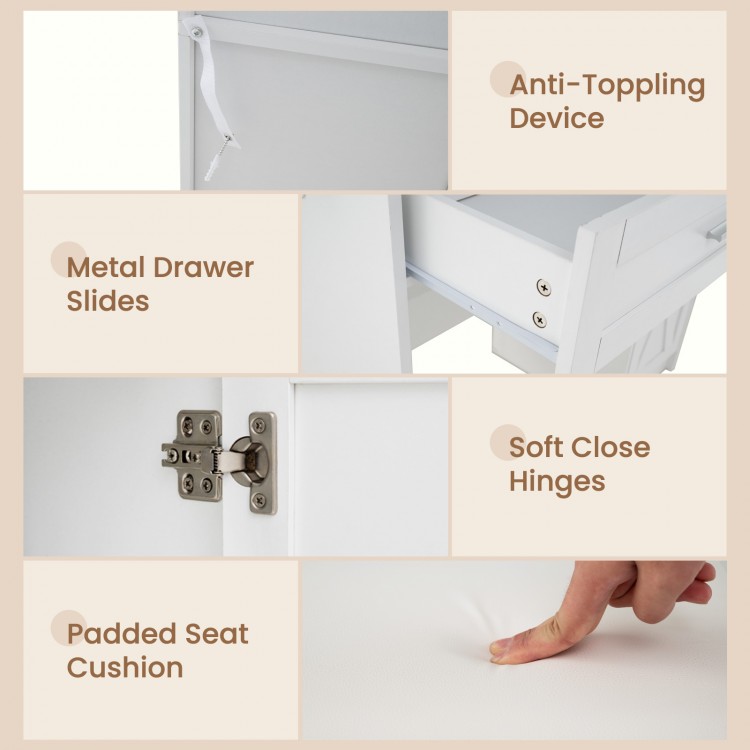 Makeup vanity desk features soft close hinges, padded seat cushion, and anti-toppling device for safe use.