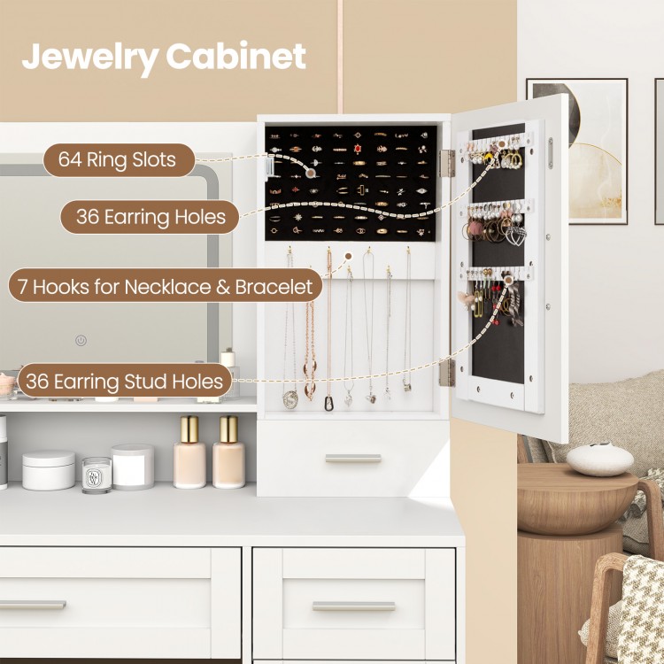 Jewelry cabinet with 64 ring slots, 36 earring holes, and hooks for necklaces, designed for organized storage.
