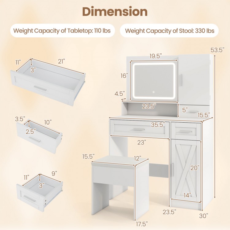 Makeup vanity desk with mirror, adjustable LED lights, and matching stool, featuring ample storage and USB ports.