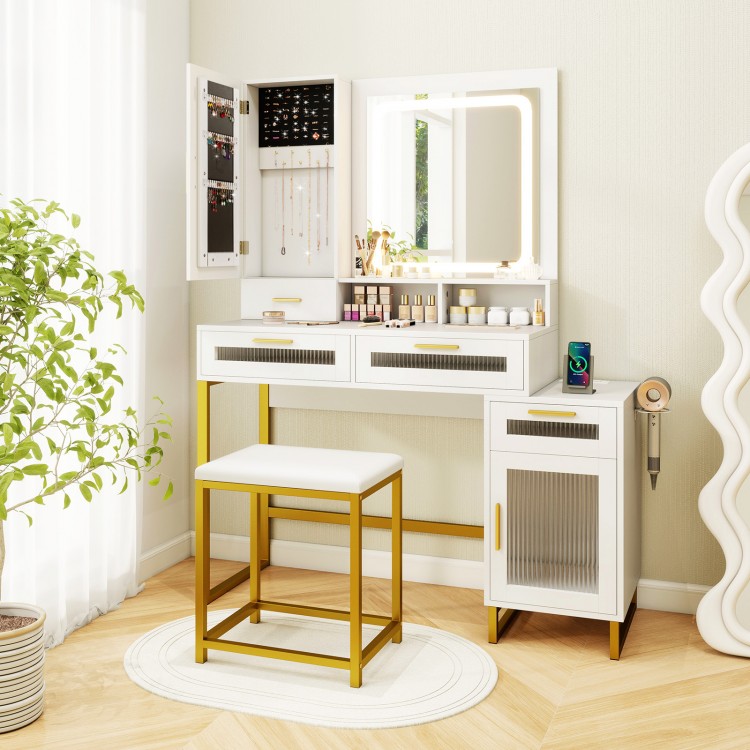 Makeup vanity desk set in white with lighted mirror, gold accents, and matching stool for stylish organization.