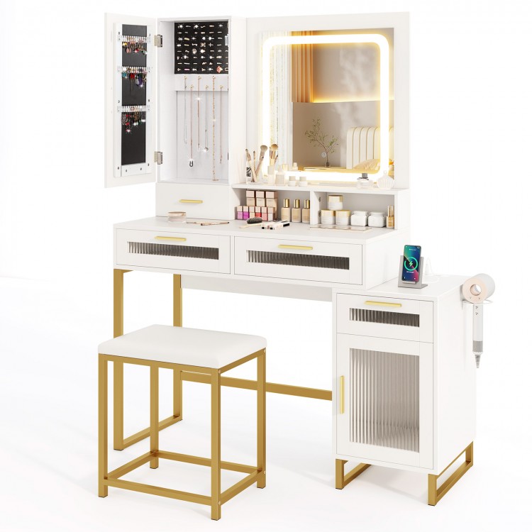 Makeup vanity desk set in white with lighted mirror, gold accents, and matching stool for organized beauty storage.
