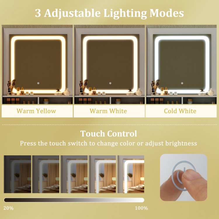 Lighted mirror with three adjustable LED modes for the Makeup Vanity Desk Dressing Table and Stool Set in white.