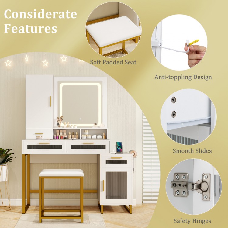 Makeup vanity desk set with lighted mirror, padded stool, and storage drawers for organized beauty essentials.