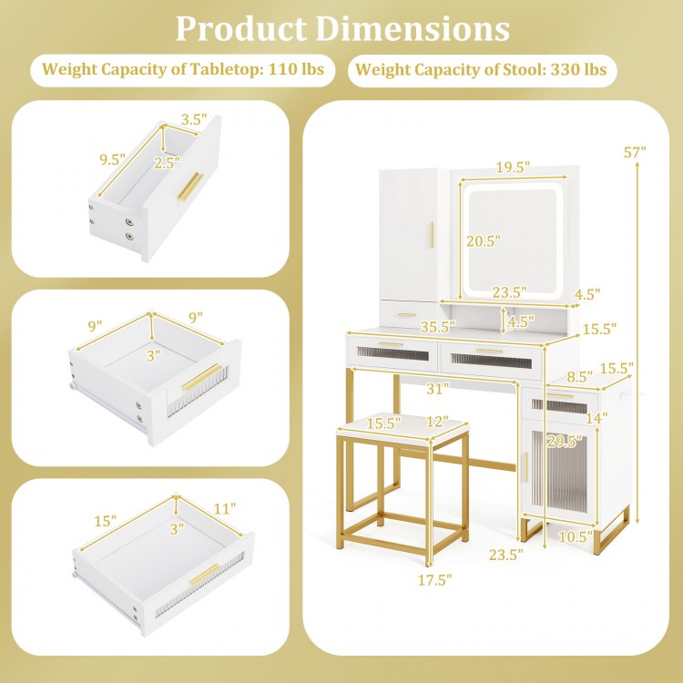 Makeup vanity desk dimensions with a lighted mirror, storage drawers, and stool, featuring a white finish and gold.
