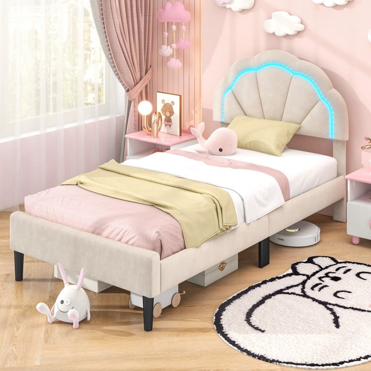 Upholstered twin bed frame with adjustable flower headboard, LED lights, and under-bed storage for stylish comfort.