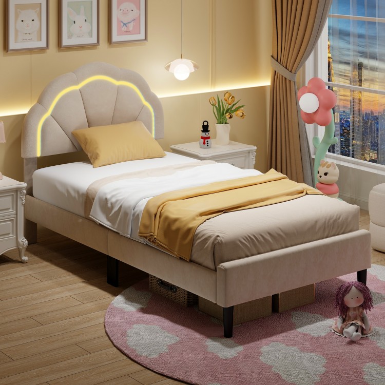 Upholstered twin bed frame with adjustable flower headboard and LED lights, perfect for stylish bedroom decor.