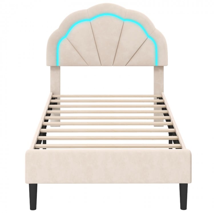 Upholstered twin bed frame with adjustable flower headboard and LED lights, featuring sturdy metal support feet.