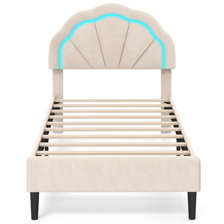 Upholstered LED bed frame with adjustable flower headboard, featuring remote-controlled lights and sturdy metal support.