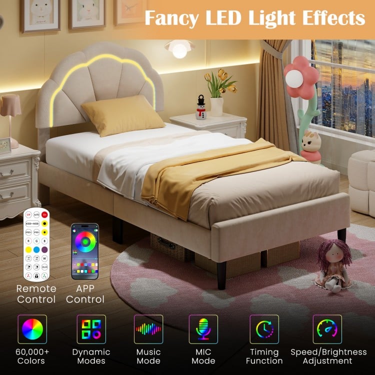Upholstered twin LED bed frame with adjustable flower headboard, remote control, and vibrant light effects for stylish.