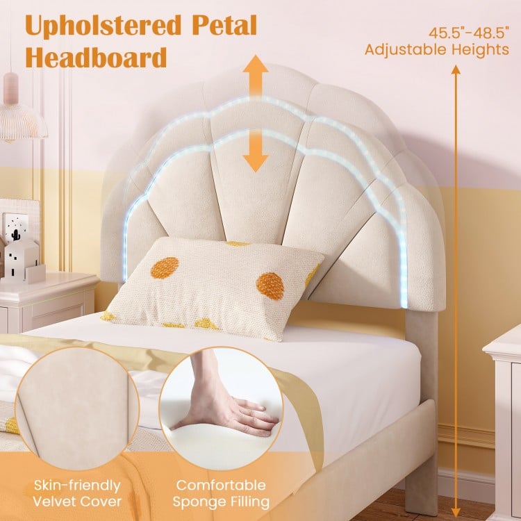 Upholstered petal headboard with adjustable heights and LED lights, designed for twin size bed frame comfort and style.