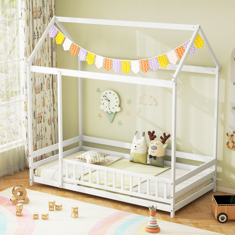 Twin size kids house bed in white with roof, safety guardrail, and playful decorations for imaginative play and sleep.