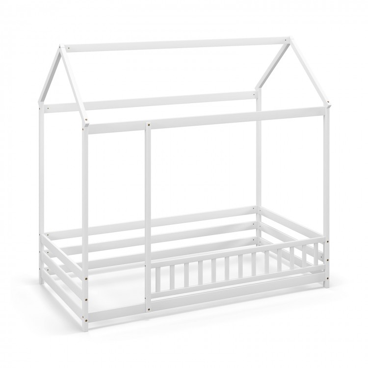 Twin size kids house bed in white with roof, safety guardrail, and open design for imaginative play and comfortable.