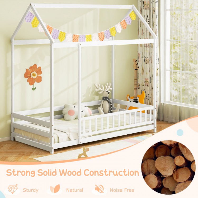 Twin size kids house bed in white with roof and safety guardrail, perfect for imaginative play and comfortable sleeping.