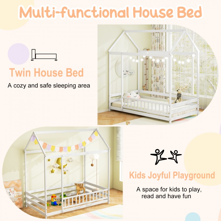 Twin size kids house bed in white wood with roof and safety guardrail, perfect for imaginative play and cozy sleeping.