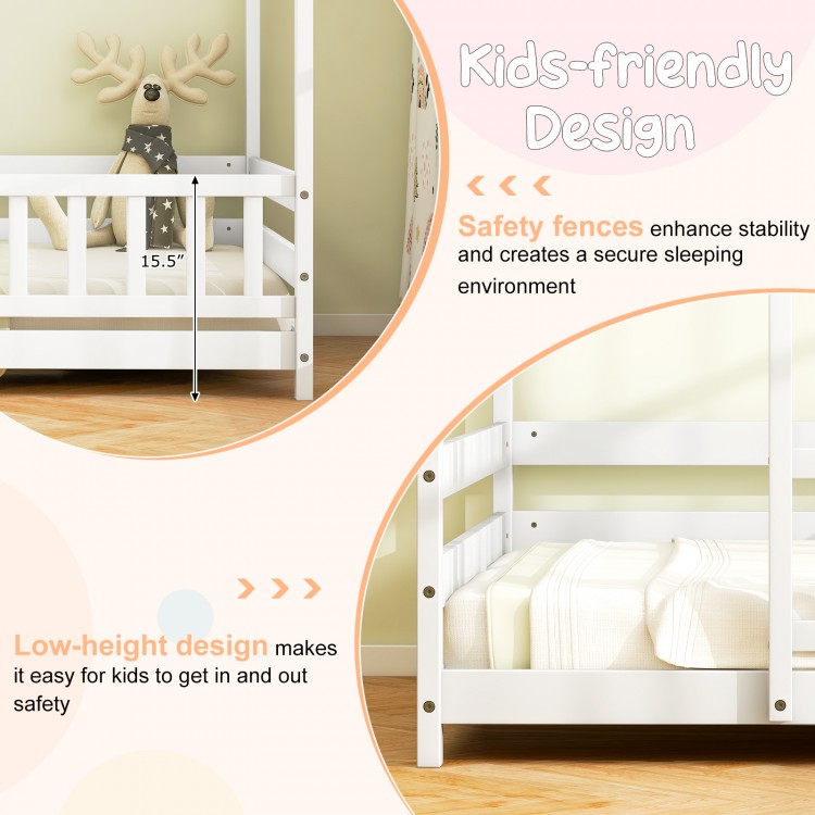 Twin size kids house bed in white with roof and full-length safety guardrail, perfect for imaginative play and safety.