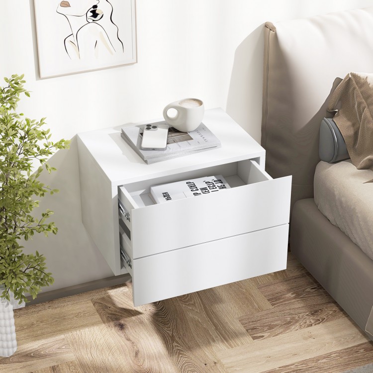 Floating nightstand in white with two pull-out drawers and top shelf, ideal for bedroom or living room storage.