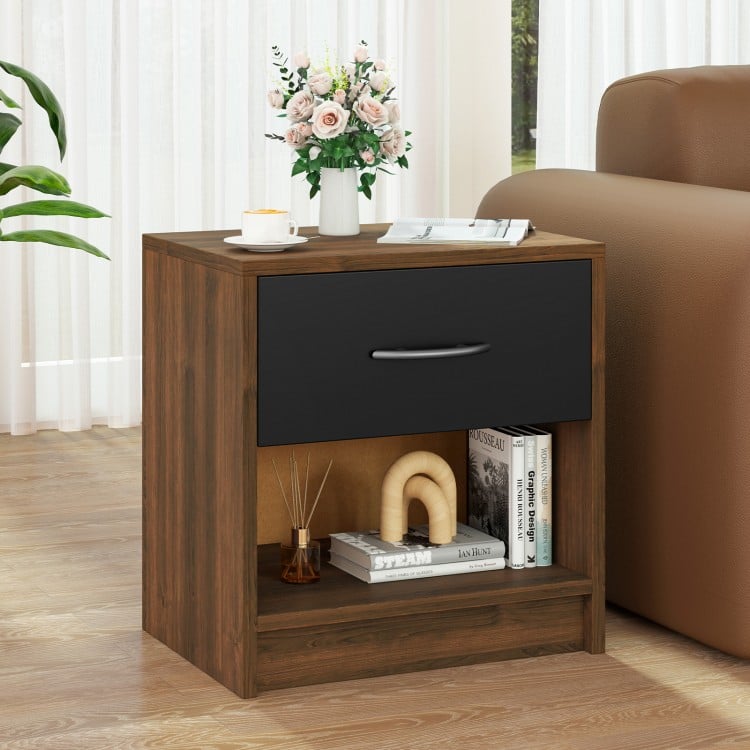 Brown bedside table nightstand with a drawer and open shelf, ideal for bedroom or living room storage and decor.
